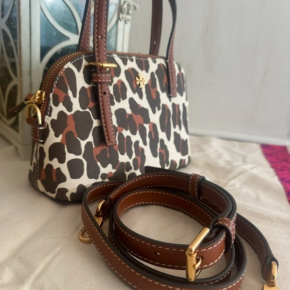 New Tory Burch EMERSON PRINTED DOME SATCHEL BEIGE REVA LEOPARD
